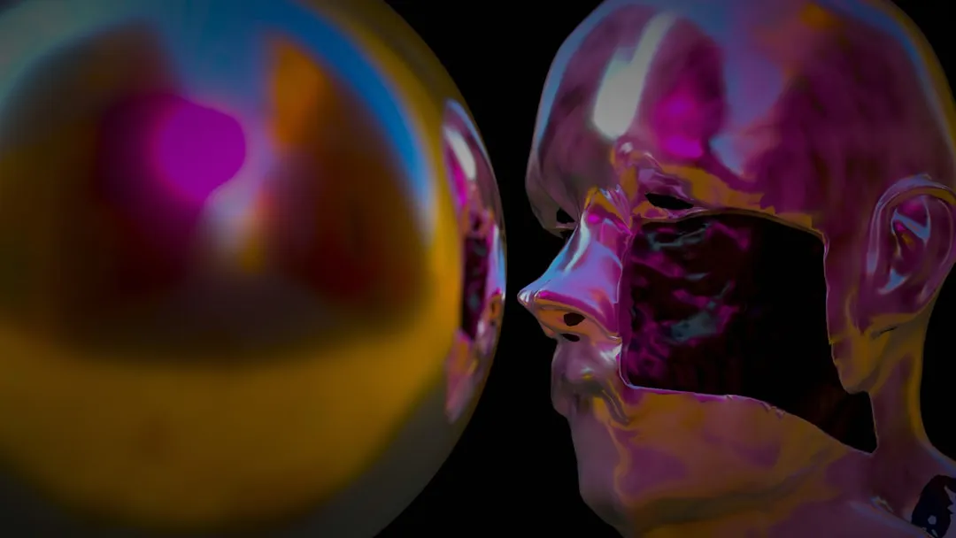 Uma representação artística de um rosto humano e uma esfera digital, simbolizando a fusão entre o paciente e seu gêmeo digital.
